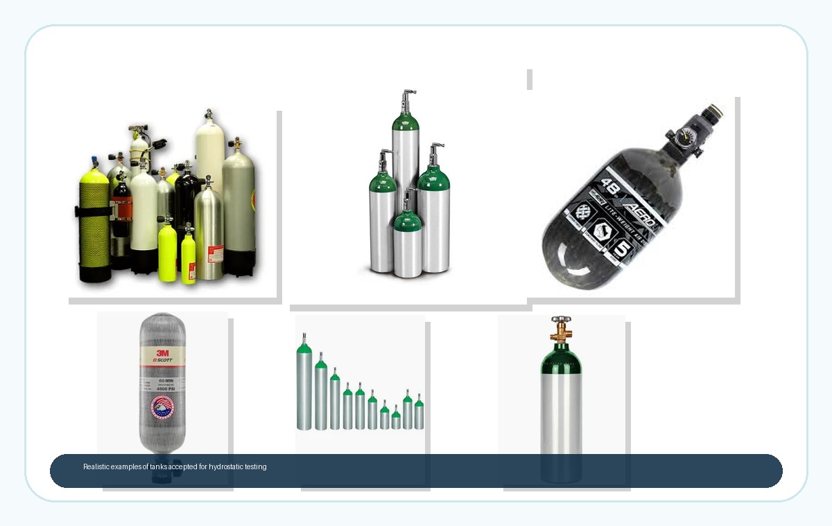 Realistic examples of supported scuba, oxygen, aircraft oxygen, nitrogen, paintball, SCBA, and K bottle storage cylinders